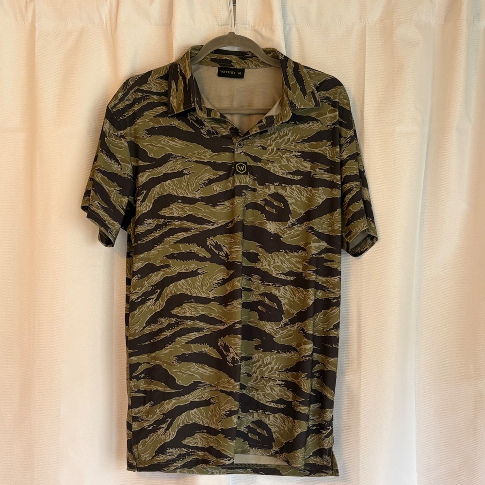 Warrior Mens Tiger Stripe Camo Performance Polo Shirt Green Black Stretch Medium
